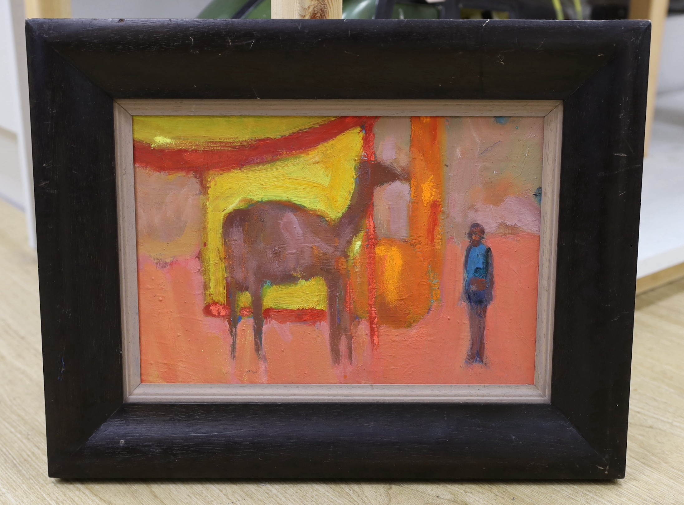 Paul Bassingthwaighte (b.1963), oil on canvas, Figure standing beside a camel, 21 x 31cm
